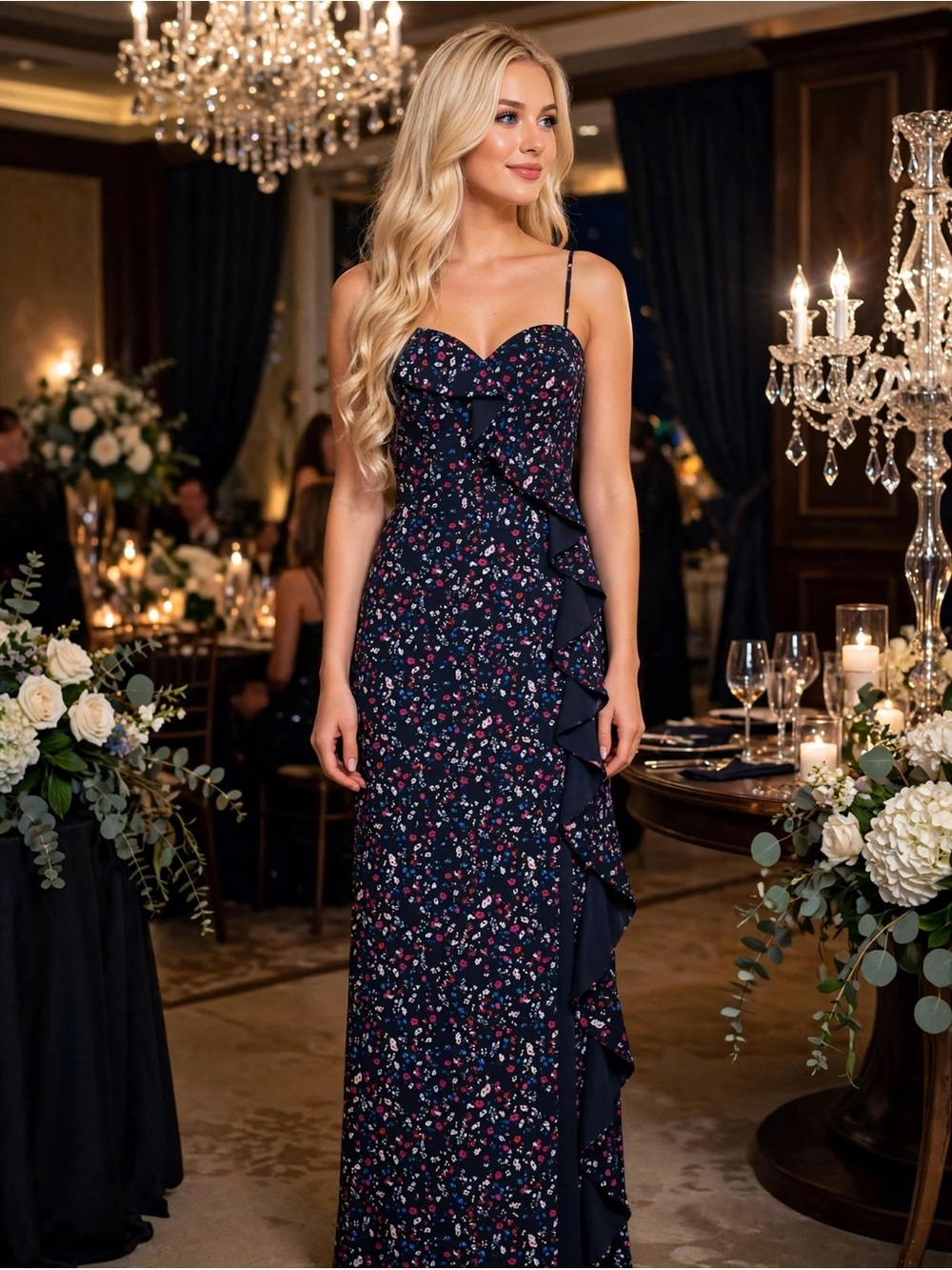 Aidan by Aidan Mattox Navy Floral Ruffle Maxi Dress